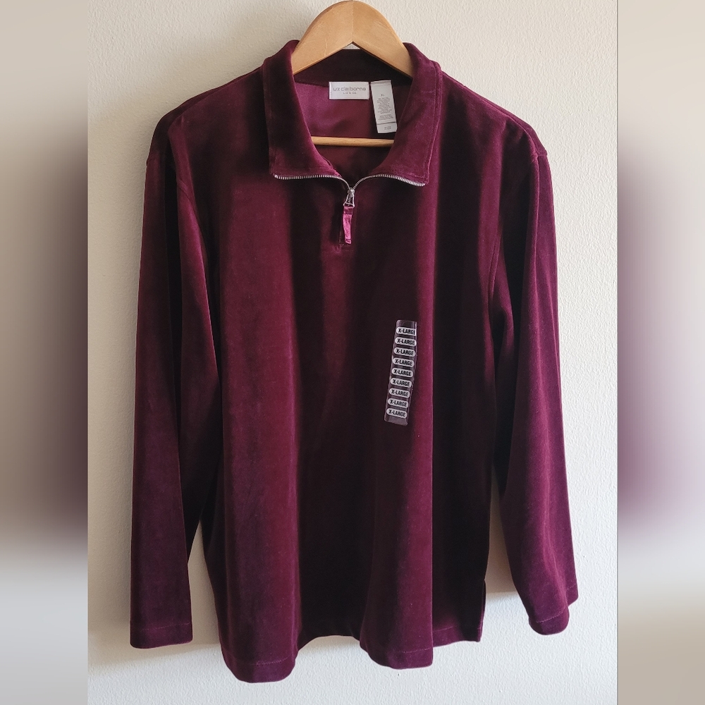 NWOT Liz Claiborne Velour Pullover 1/4 Zip Top, Women's XL, Red Wine.